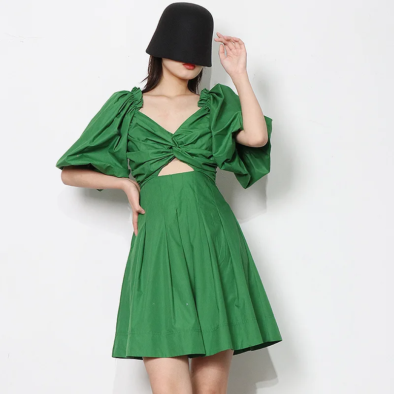 

2022 Summer New Fashion Women Square Collar Short Sleeve Sexy Hollow Out Draped Strapless Solid Color Party Mini Dress