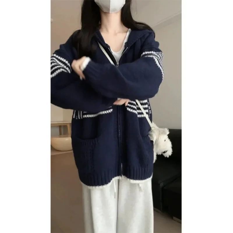 Женский вязаный кардиган в полоску с капюшоном Deeptown винтажный корейский модный