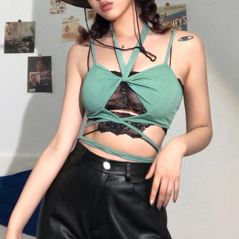 

Sexy Hollow Out Bandage Black Women Tank Top Casual Stretch Skinny Female Camisole 2021 Summer New Lace Patchwork Women Clothing
