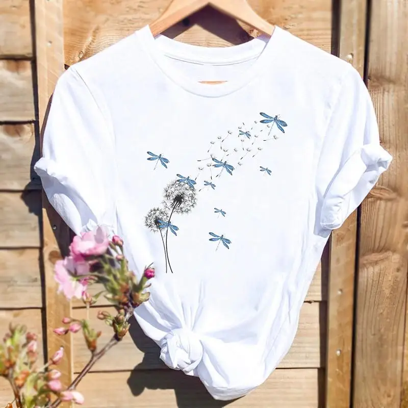 

Women Fashion Graphic T Top Dragonfly Dandelion Cute Sweet Cartoon Short Sleeve Summer Shirt Print Tshirts Female Tee T-Shirt