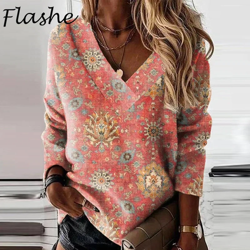 Блузка Женская осенне-зимняя с длинным рукавом и винтажным принтом