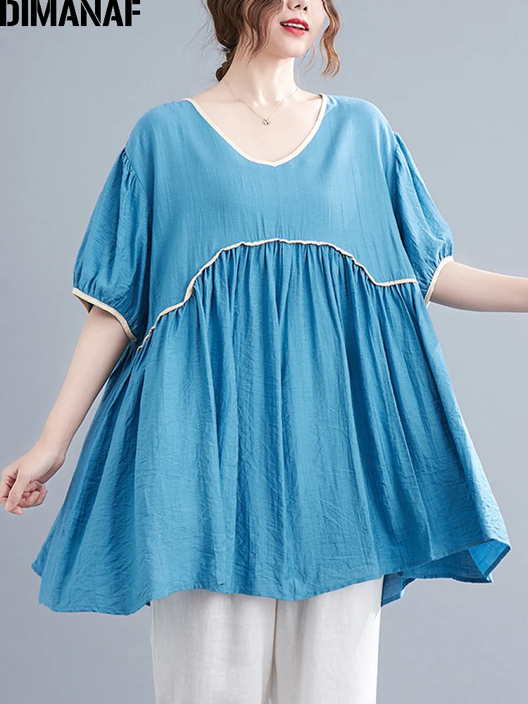 

DIMANAF Summer Women Casual T-Shirts Blouses Cotton Linen Fashion Lady Tops Tunic Tees Shirts Oversize Loose Pleated Clothing