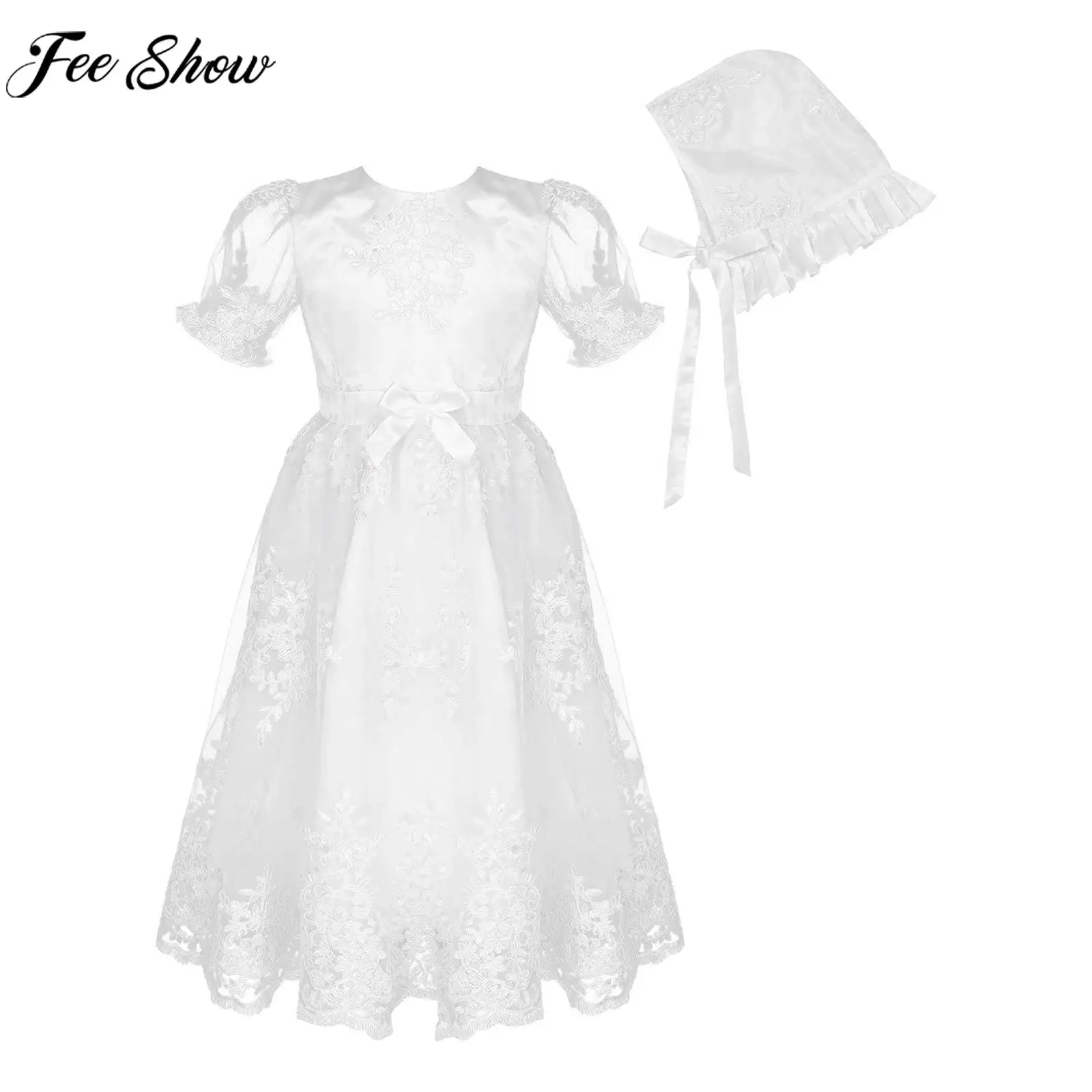 

0-24M Girls Christening Dress Short Sleeve Bowknot Lace Mesh Tutu with Hat Baby Wedding Birthday Baptism Party Dress Shower Gift