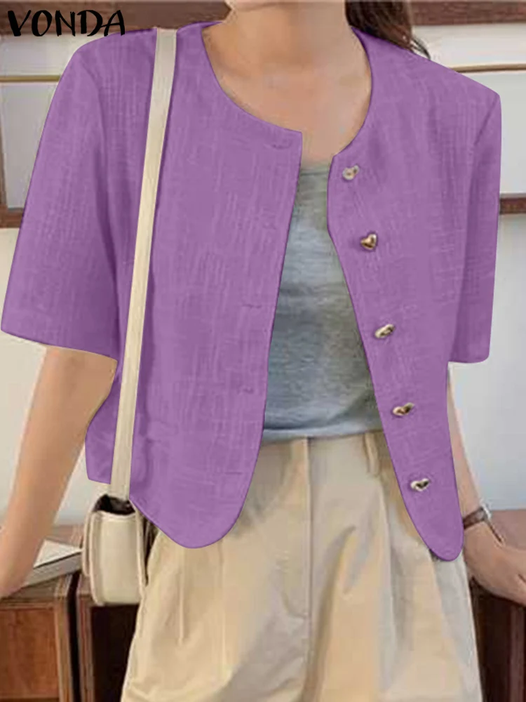 Summer VONDA Women Blazer Suit Tops 2023 OL Work Blouses Solid Short Sleeve Heart-shaped Buttons Oversized Blusas Streetwear