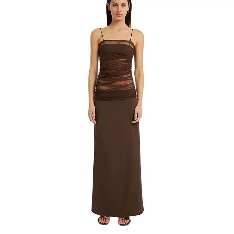 

Brown mesh silk see-through halter long dress 2023 summer new y2k French sexy slim backless dress fashion ladies dresses