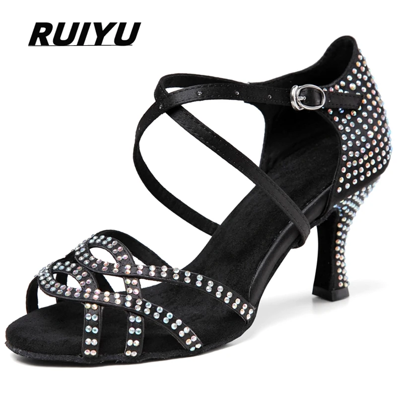 New Latin Dance Shoes Women's Salsa Tango Ballroom Party High Heels Rhinestones Skin Color Black Women's Shoes Summer Sandals