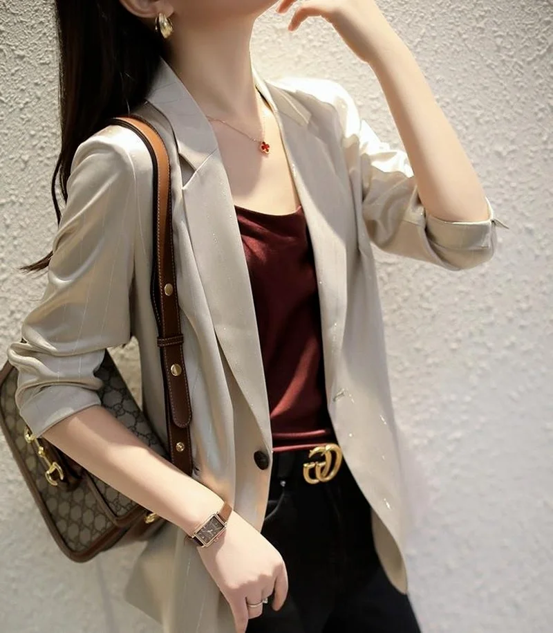 Commute Simple Striped Solid Colors Blazers Spring Autumn Thin Casual Blazers Lapel Single Breasted Suits Chic Business Clothing