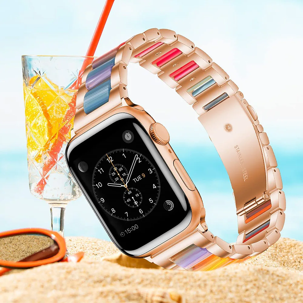 Resin watch strap for apple watch band 49mm 45mm 44mm 42mm 38mm 40mm 41mm metal bracelet iwatch series 8 7 6 SE 5 4 3 ultra belt