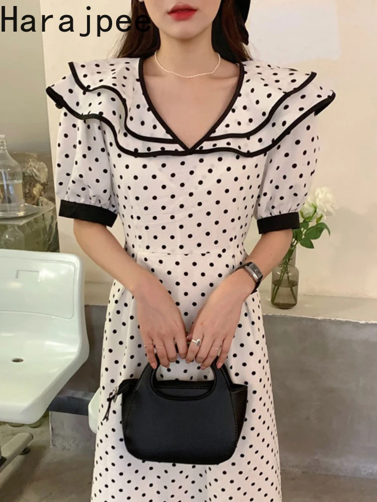 

Harajpee Korean Chic Polka Dot Dress French Style Vintage Double Ruffled V Neck Short Puff Sleeve Summer New High Waist Dresses