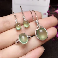 meibapj natural prehnite gemstone earrings ring and necklace for women real 925 sterling silver green stone fine jewelry set