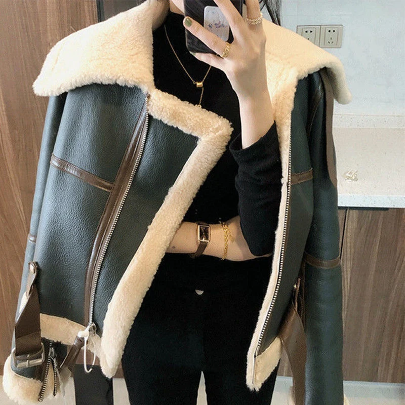 Ardm Casual Winter Thick Vintage Faux Leather Green Jacket Zipper Warm Splice Lambswool Biker Coat Women Female Crop Outerwear