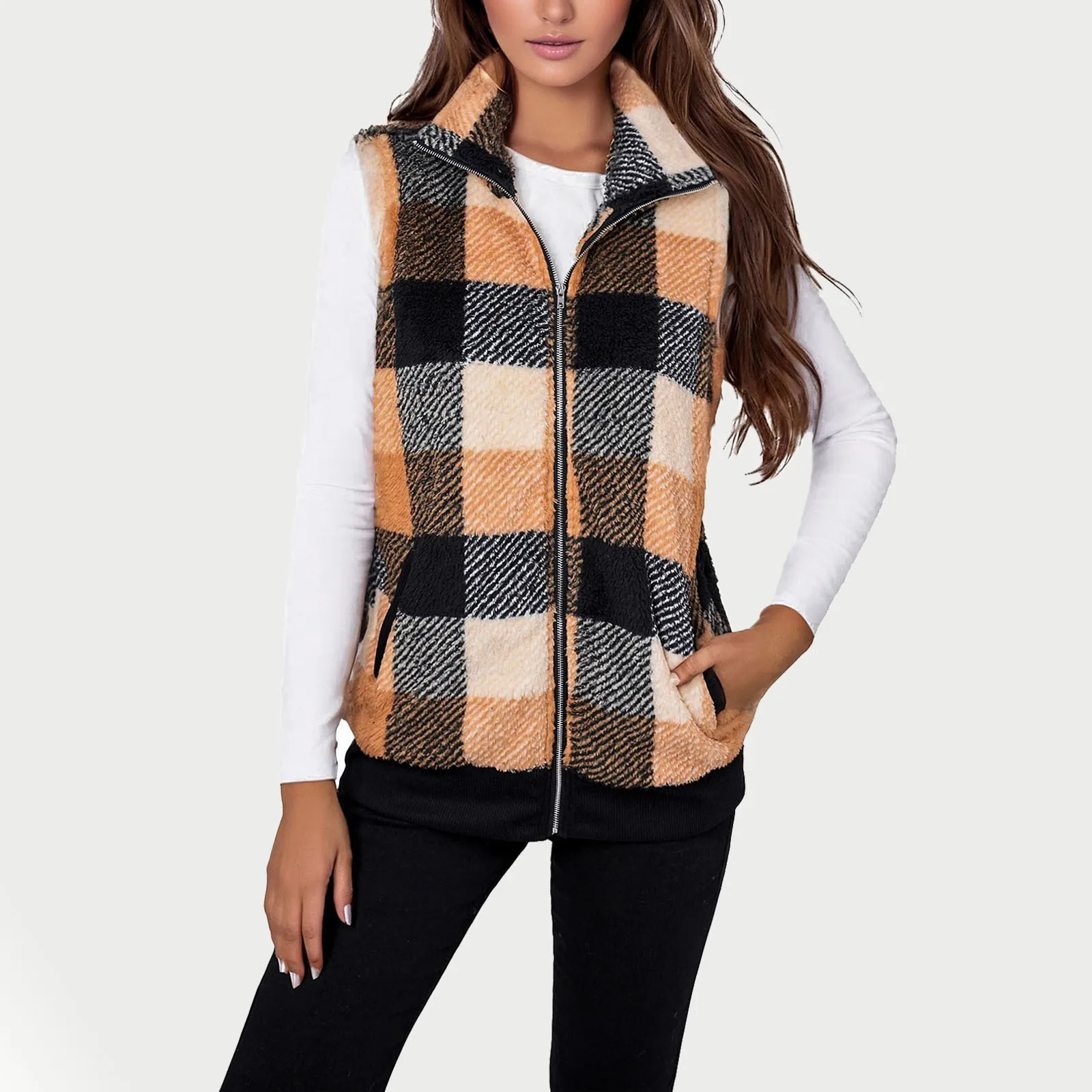 Женский клетчатый флисовый теплый жилет без рукавов пальто на молнии