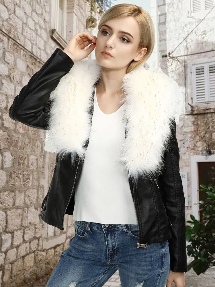 Giolshon 2022 Fashion Women Fur Collar Jacket Faux Suede PU Leather Jacket Moto Coat Female Winter Warm Outerwear