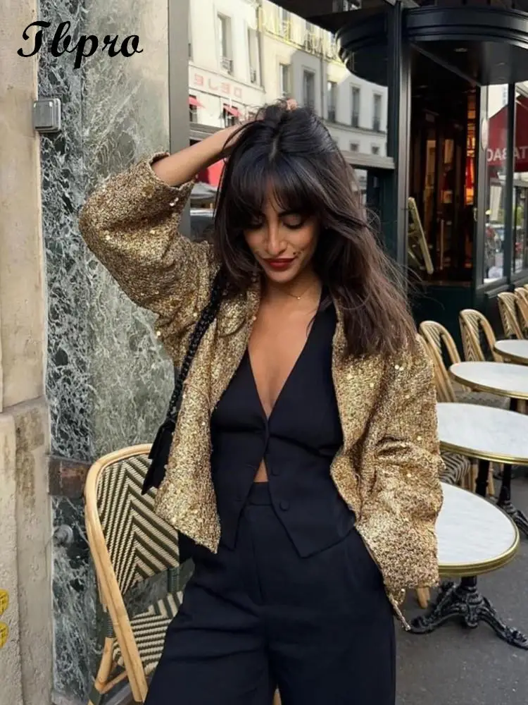 

Женская винтажная куртка с блестками, элегантное пальто золотого цвета с длинным рукавом и воротником-стойкой, Осень-зима 2023