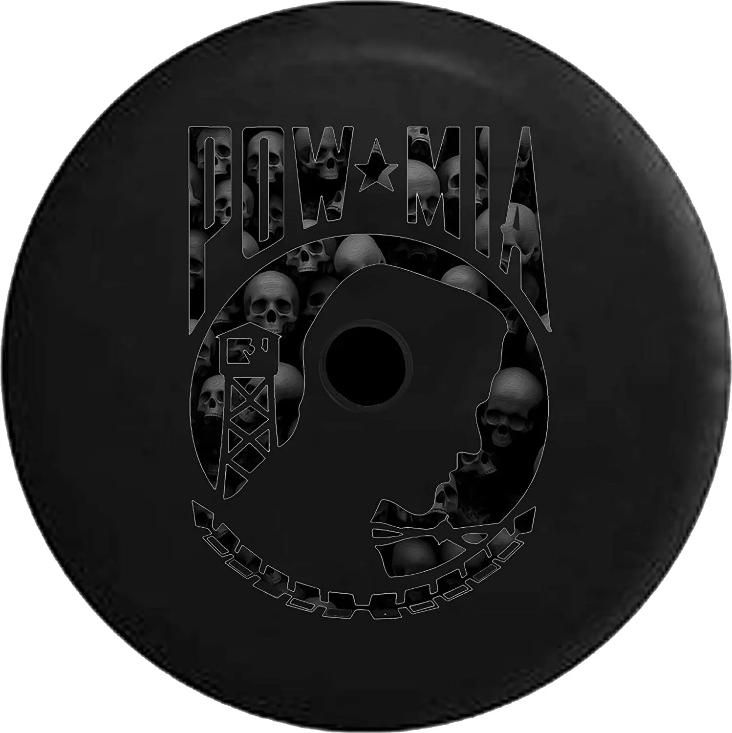 

American Unlimited JL Spare Tire Cover Dark Mini Skulls POW MIA Veteran Military JL Spare Tire Cover with Backup Camera Hole Bla