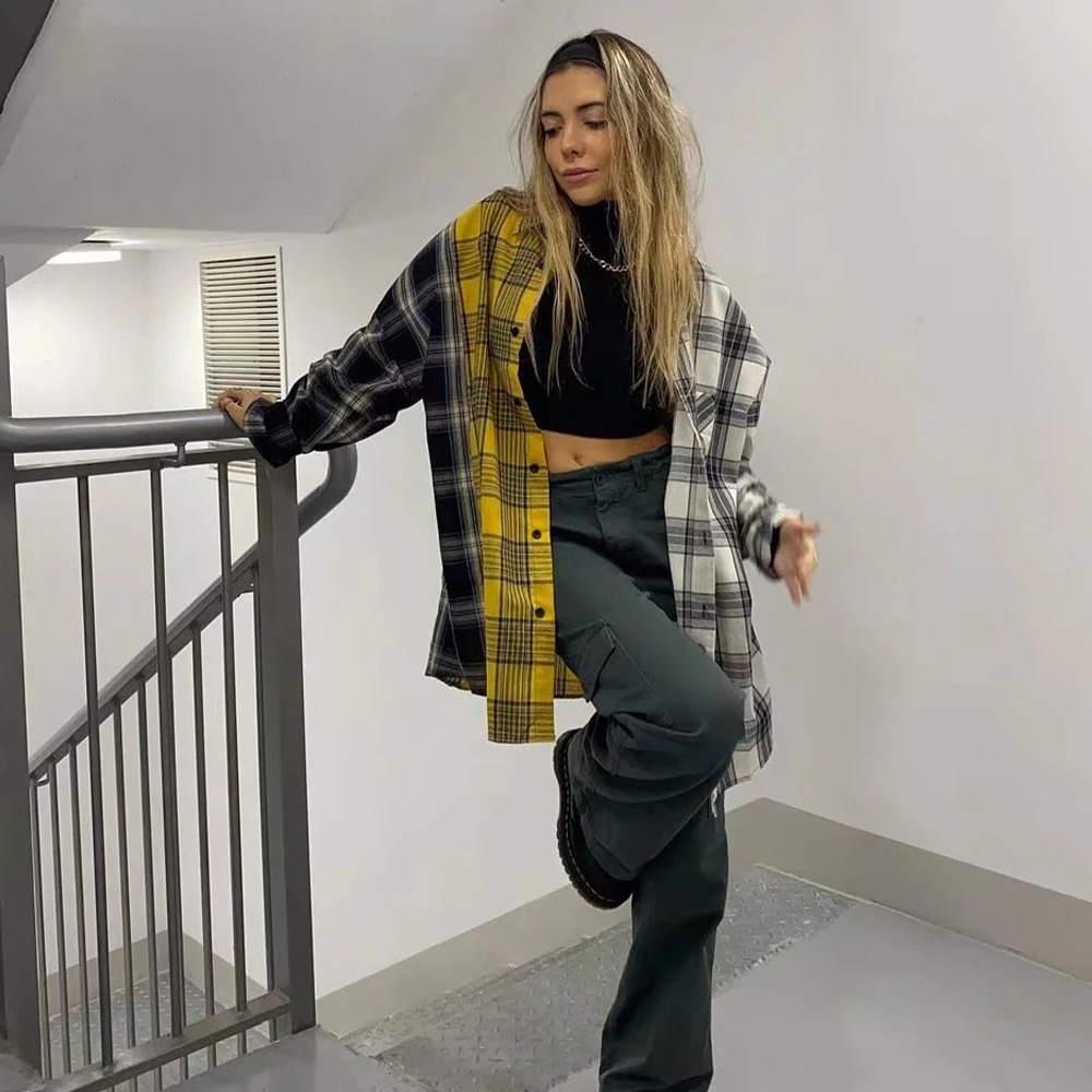 

2022 Women New Fashion Hit the color lattice Loose Blouses Vintage Long Sleeve Button-up Female Shirts Blusas Chic Tops