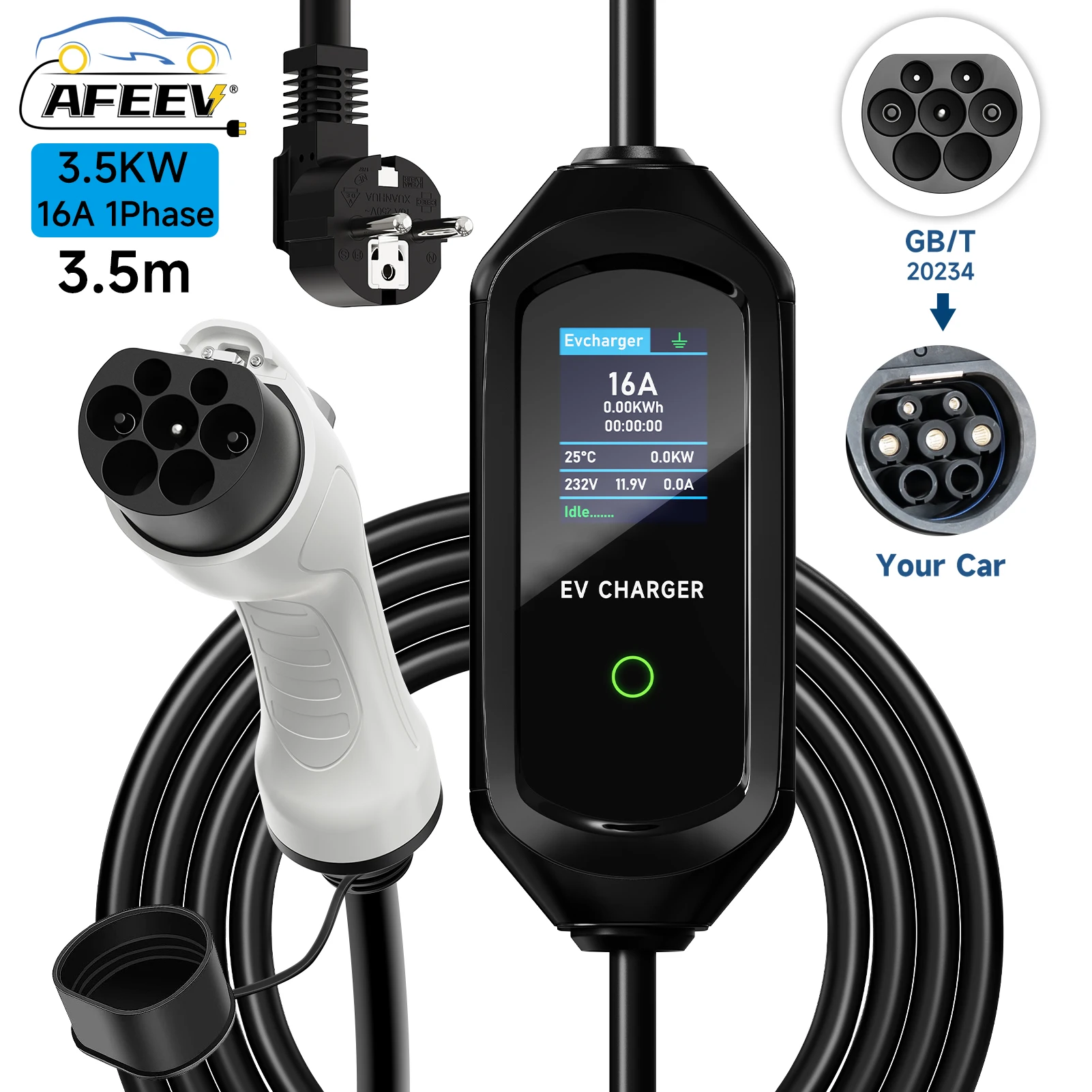 

Портативное зарядное устройство для электромобилей AFEEV Type2 IEC62196-2 16A Кабель для быстрой зарядки EVSE Type1 SAE J1772 Wallbox 3,5 кВт GBT Зарядное устройство для электромобилей