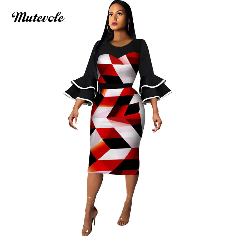 

Mutevole Flare Sleeve Midi Dress Women Bodycon Patchwork Ruffle Elegant Dress Fashion Print Slim Back Zipper Dress