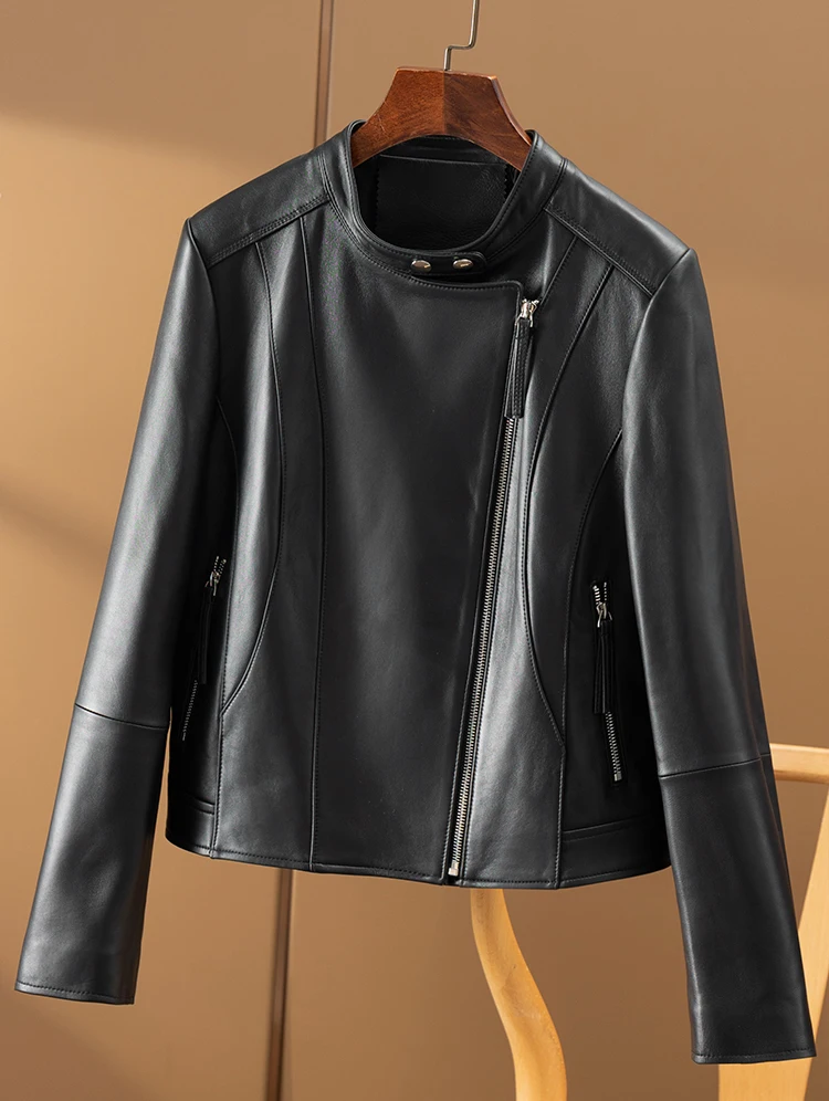 High-quality Sheepskin  Genuine Leather Jacket Women  Zippers  High Street  Zipper  All Season  Blazer Femme  Casaco Feminino