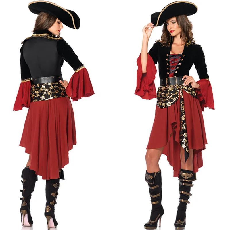 

Ataullah Female Caribbean Pirates Captain Costume Halloween Role Playing Cosplay Suit Medoeval Gothic Fancy Woman Dress DW004