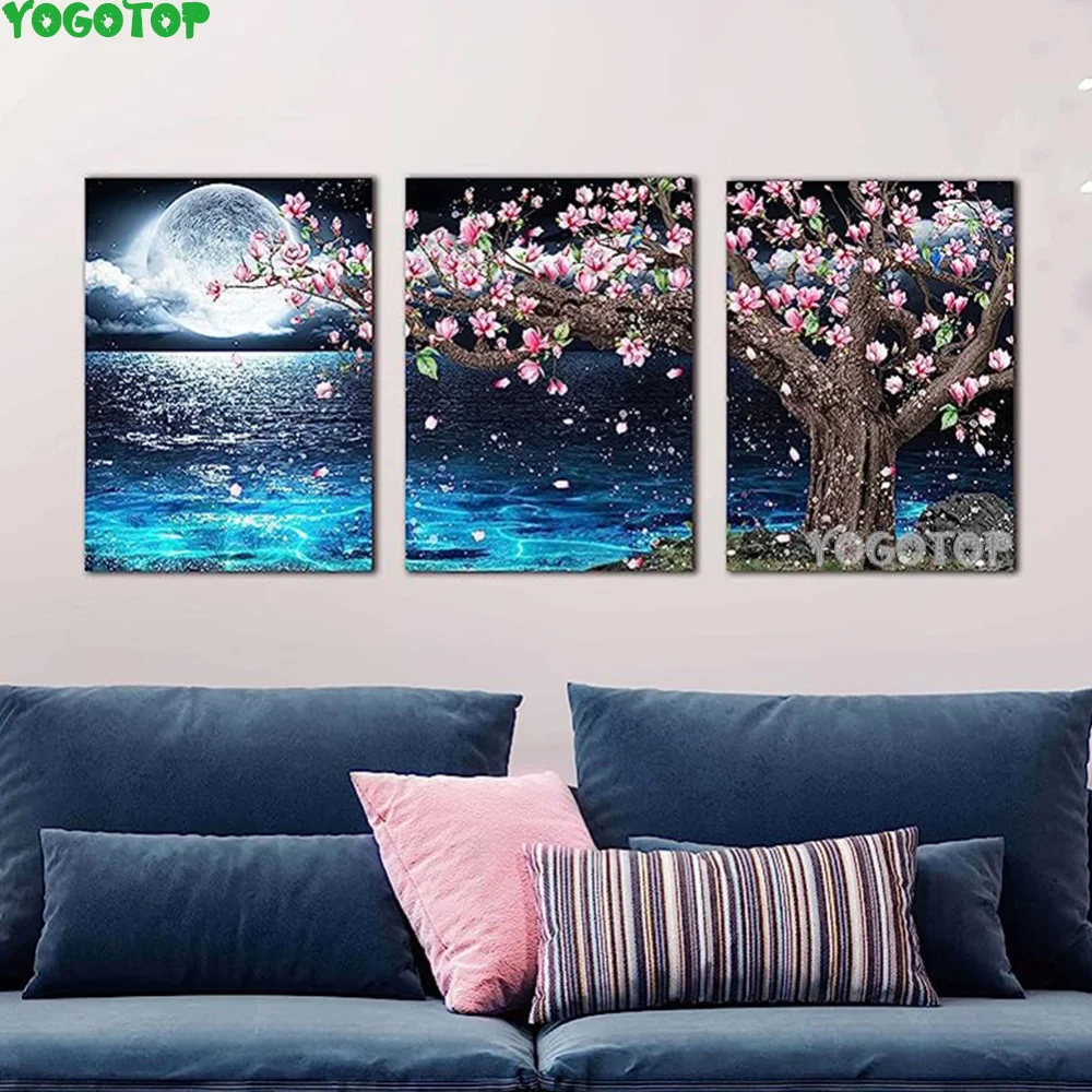 

Blue Ocean Magnolia DIY Diamond Painting Moon Tree Triptych Full Moon Red Flower Diamond Mosaic Picture For Room Decor ML1654