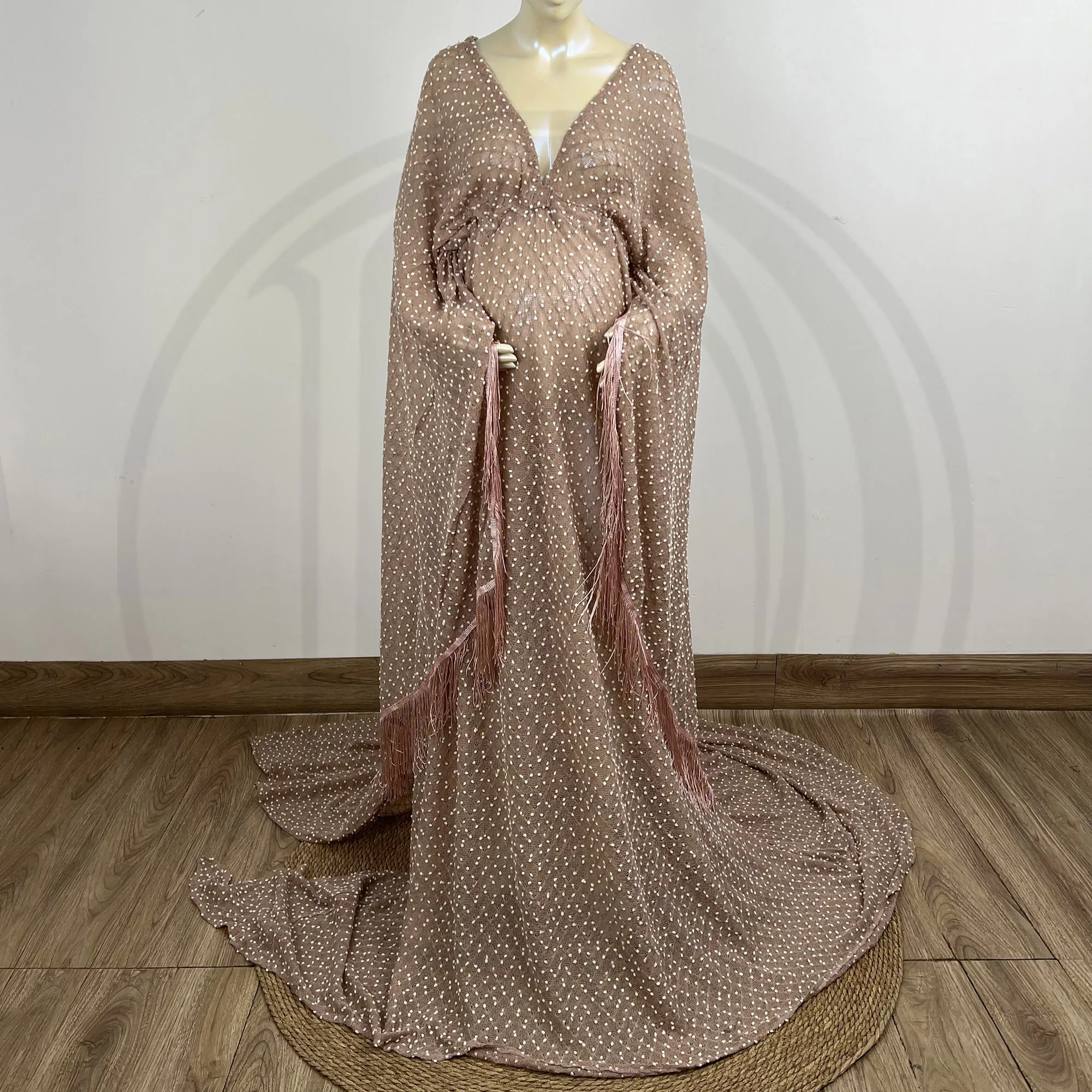Don&Judy Long Tassels Maternity Photography Dress with Cape Boho Gown Pregnant Photo Shoot Woman Clothes Evening Party Costume