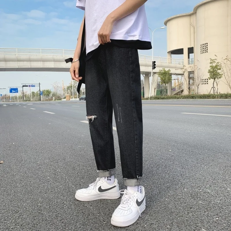 Summer Blue/Black Ripped Jeans Men Slim Fashion Casual Straight Jeans Mens Streetwear Hip Hop Hole Denim Pants Mens Trousers