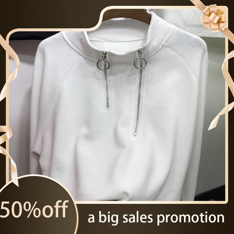 

Sweater double half zipper stand collar women's dress in spring 2022, new fashion, solid color, loose Korean T-shirt, thin trend