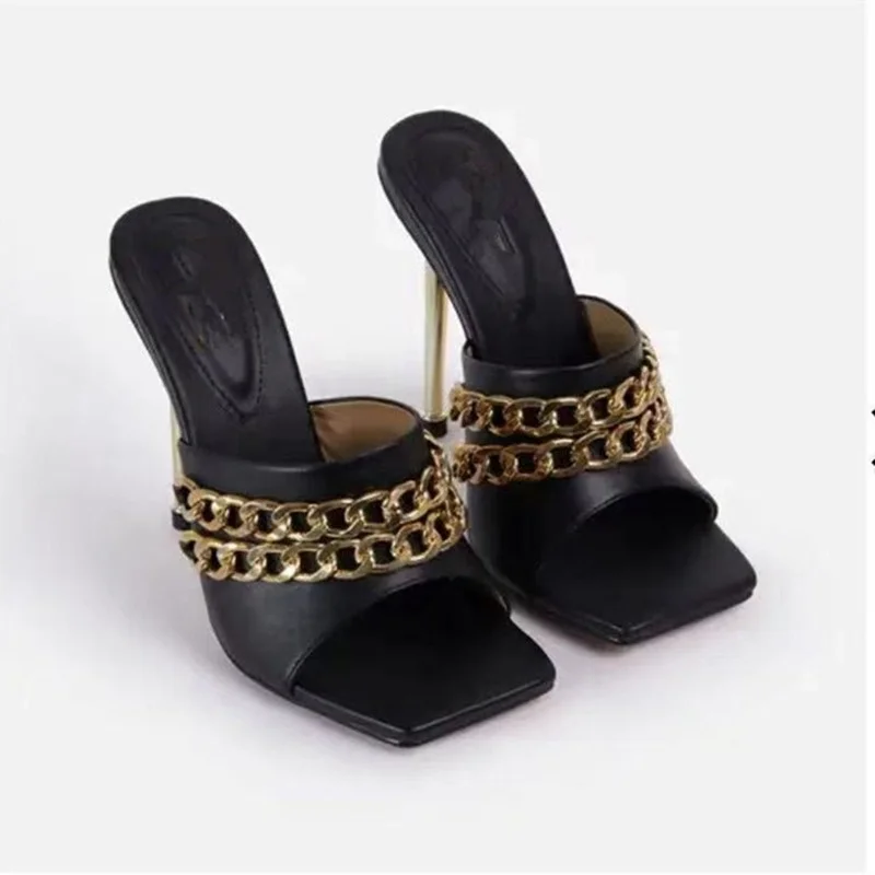 

2021 Summer New Women Slippers Large-size 43 Square-head Metal Chain High-heeled Shoes Woman Slippers Zapatos De Mujer