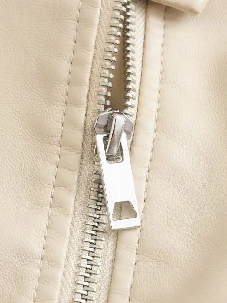 2022 Autumn Removable Hat Hooded Women Faux Leather Jacket Zipper Full Sleeve Pockets Casual Coat Beige Black