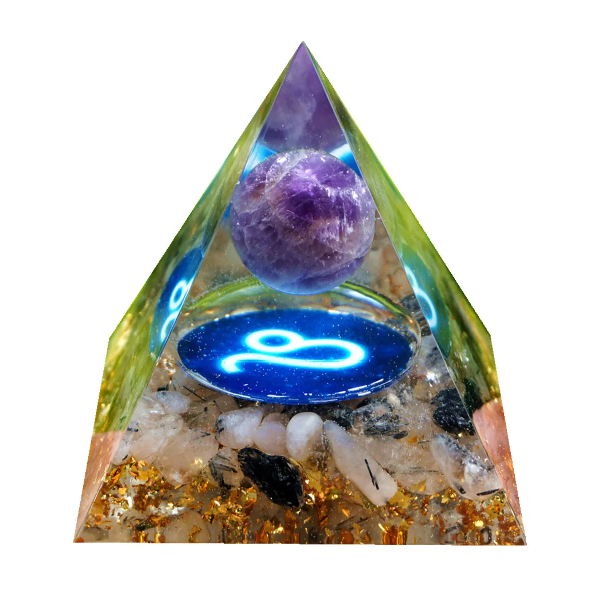 

LEO Zodiac Style Orgone Pyramid Amethyst Sphere with Black Rutilated Crystal Gemstone Orgonite EMF Protection Pyramid 6CM