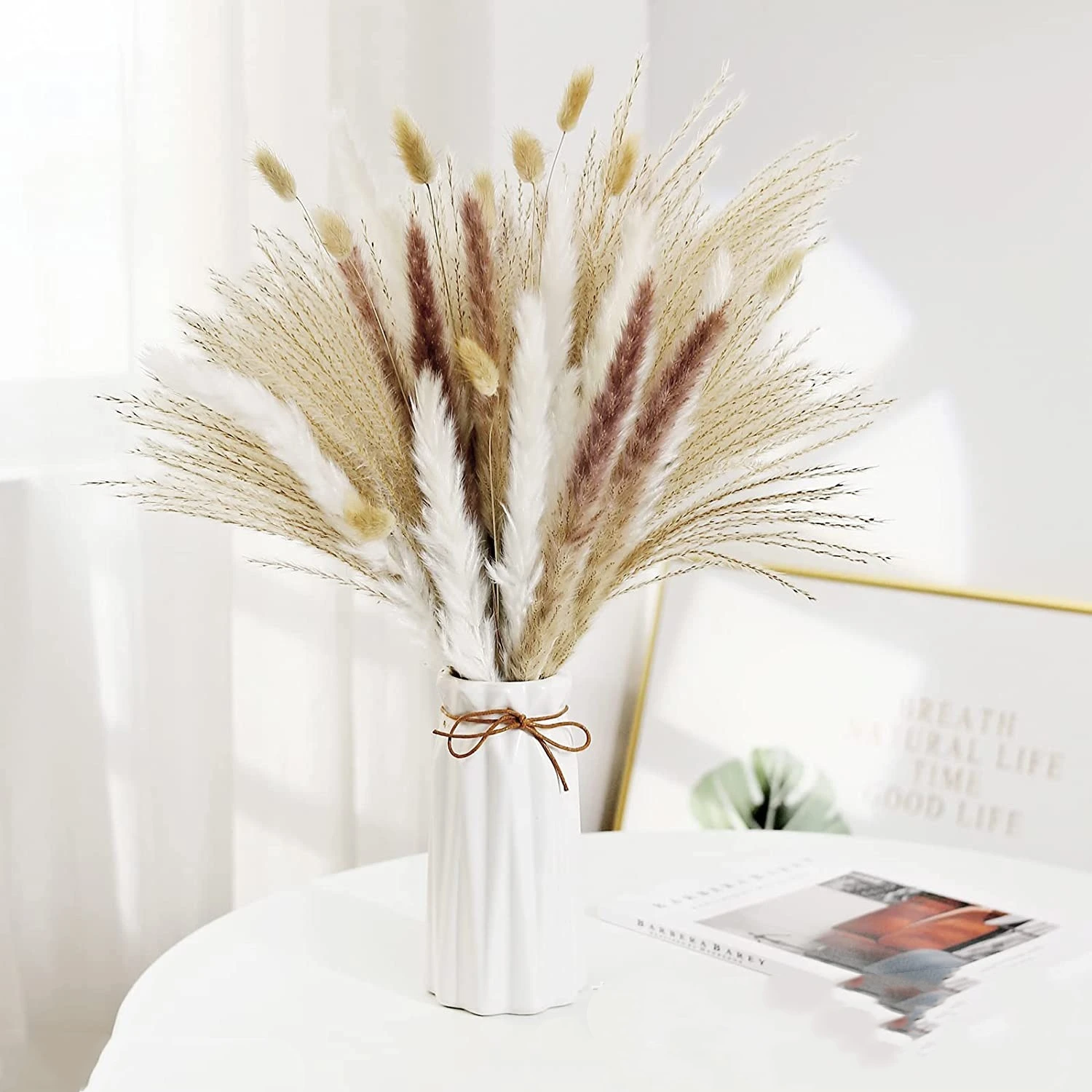 

100Pcs/lot Cream Pampas Grass Fluffy Room Phragmites Decoration Natural Bunny Tail Grass Dried Flowers Bouquet Boho Home Decor