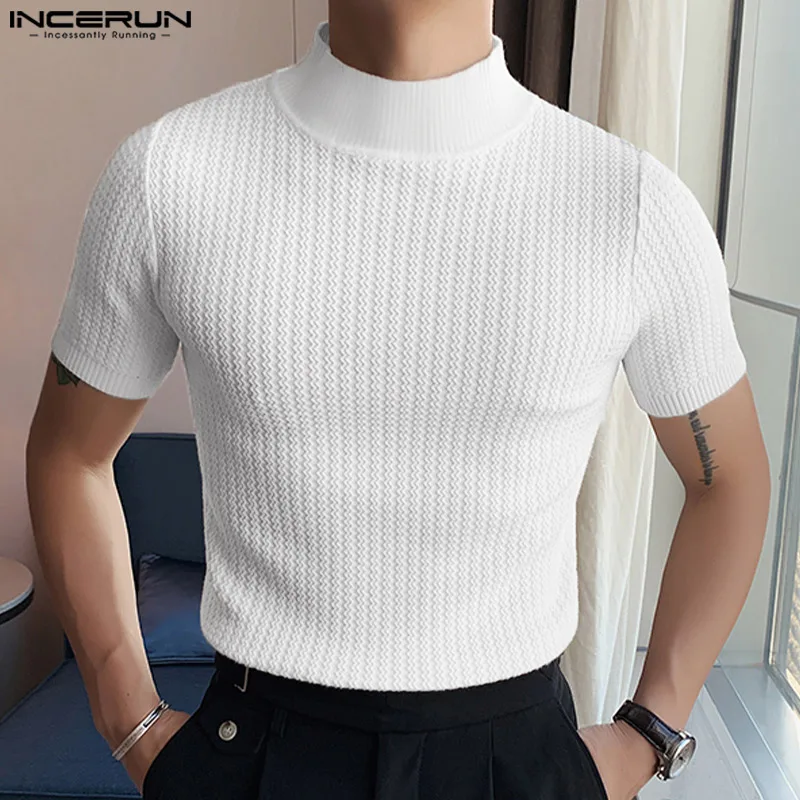 

INCERUN 2023 Men T Shirt Solid Color Streetwear Turtleneck Short Sleeve Men Clothing Fitness Korean Style Casual Tee Tops S-5XL