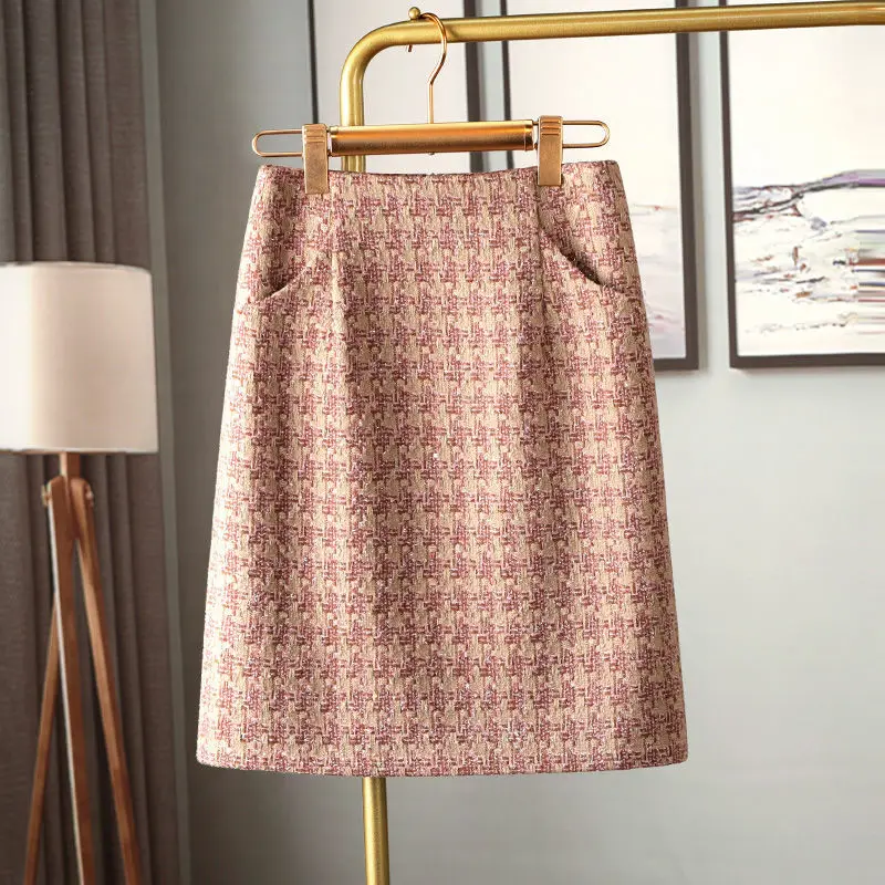 

Fall Winter Small Fragrance Vintage Tweed Skirt for Women High Waisted Knee Length Midi Woolen Skirts Elegant Plaid Mujer Faldas