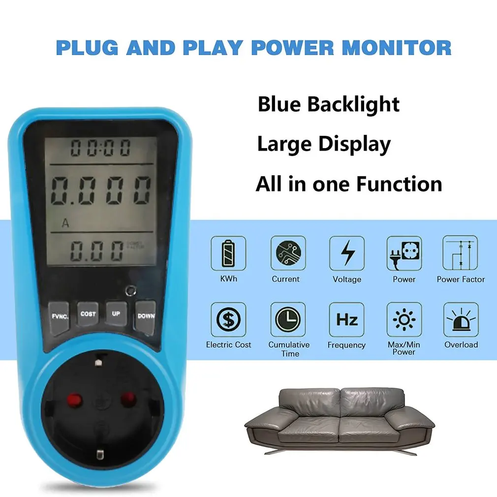 

Blue European And American Specifications Household Electric Power Metering Black White Socket With LCD Display
