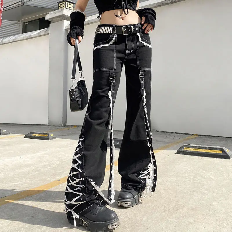 

Y2k Baggy Jeans Women Aesthetic LaceUp Patchwork Dark Goth Pants Academia Vintage Streetwear Punk Straight Casual Denim Trousers