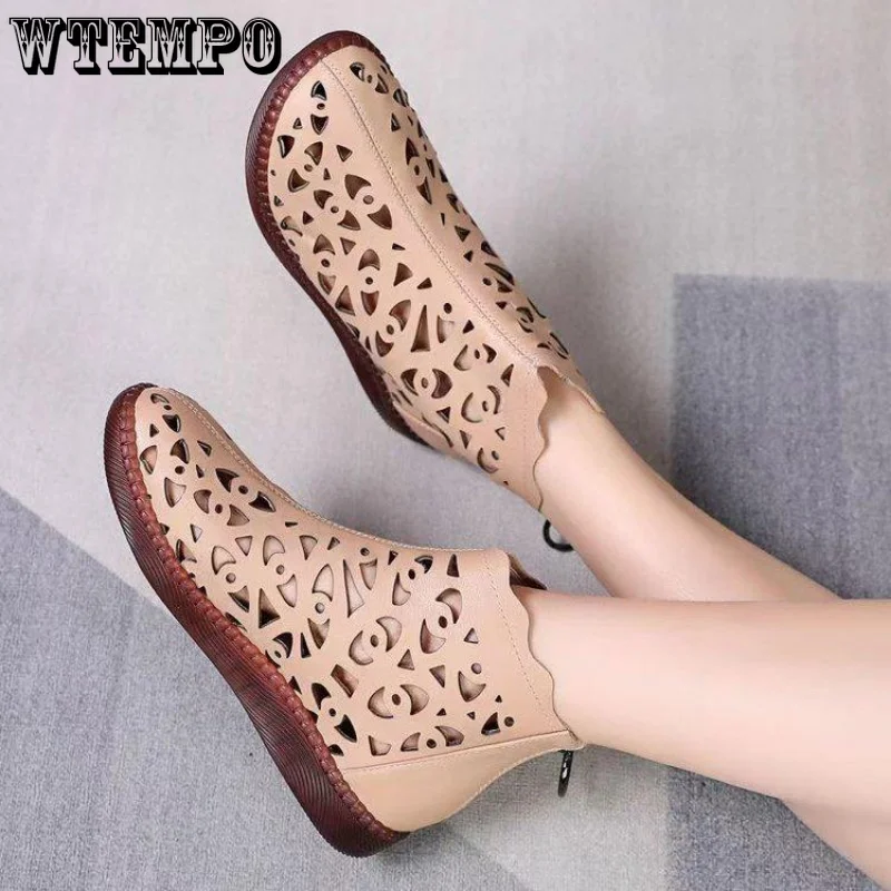 WTEMPO Summer Hollow Hole Sandals Women's Flat Roman Sandals Round Head Soft Bottom Large Short Boots Wholesale Dropshipping