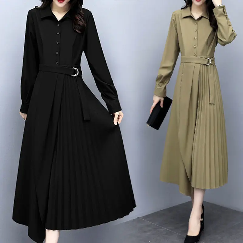 

Korean Style Women Chic Streetwear Casual Dresses Robe Solid Cotton Black Vintage Long Sleeve Maxi Shirt Dress Belt Vestidos E83