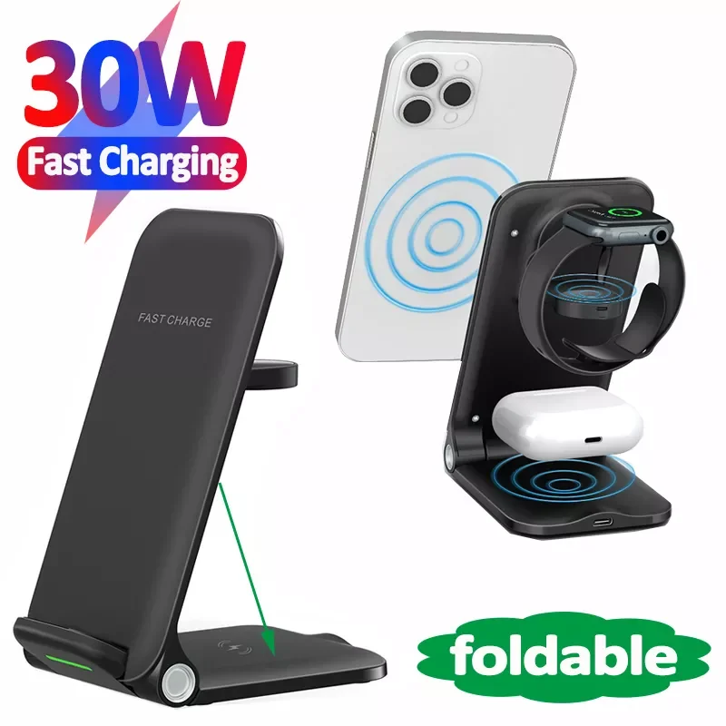 

3 In 1 30W Wireless Charger Foldable Stand Pad Qi Fast Charging for iPhone 13 12 iWatch Airpods Pro Samsung S21 S20 Quick Charge
