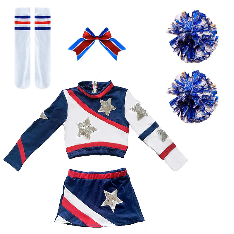 Pompoms And Socks Girls Cheerleading Uniform Dance Costume Long Sleeves Kids Cheerleader Outfit Round Neckline Patchwork Style D
