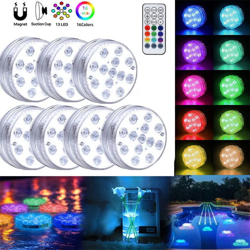 

13 LEDs Underwater Light 16 Colors RGB Swimming Pool Light IP68 Waterproof 21 Key RF Remote Control Pond Vase Submersible Lights