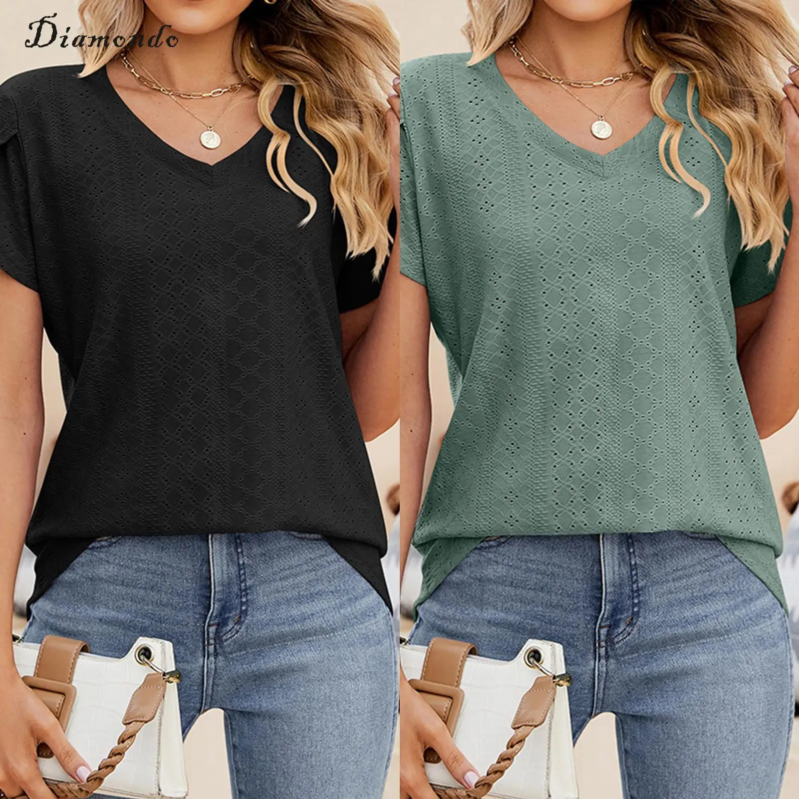 

V Neck Summer T-Shirt Short Sleeve Casual Tops Simple Classic Hollow Out Tops Loose Fit Solid Color Elegent Holidays Vacation