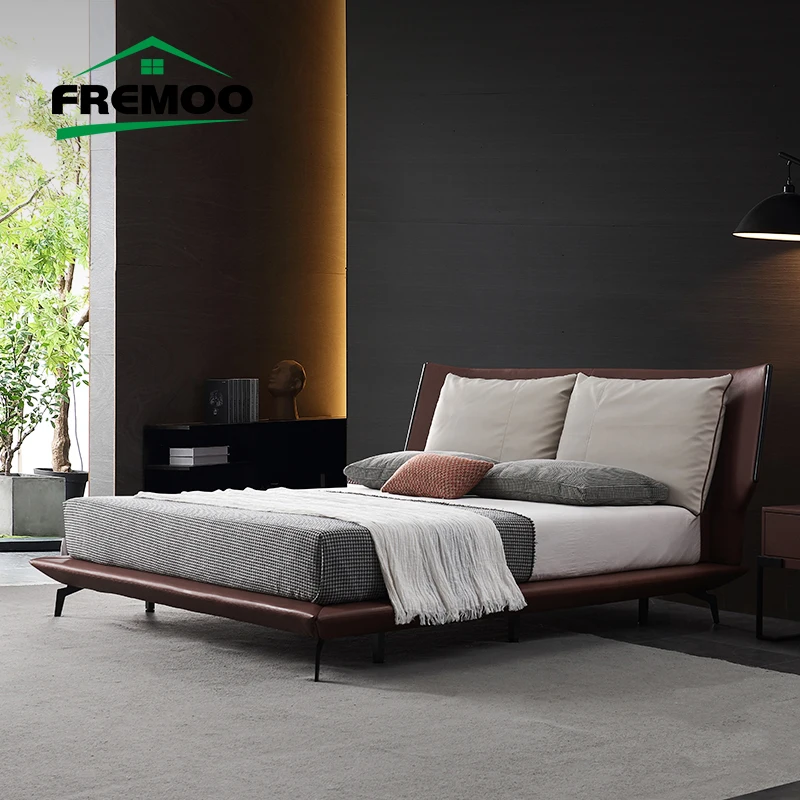 

Chinese Modern Simple Style Wooden Durable Double Bed Genuine Leather Master Bedroom Wedding Soft Bed Camas