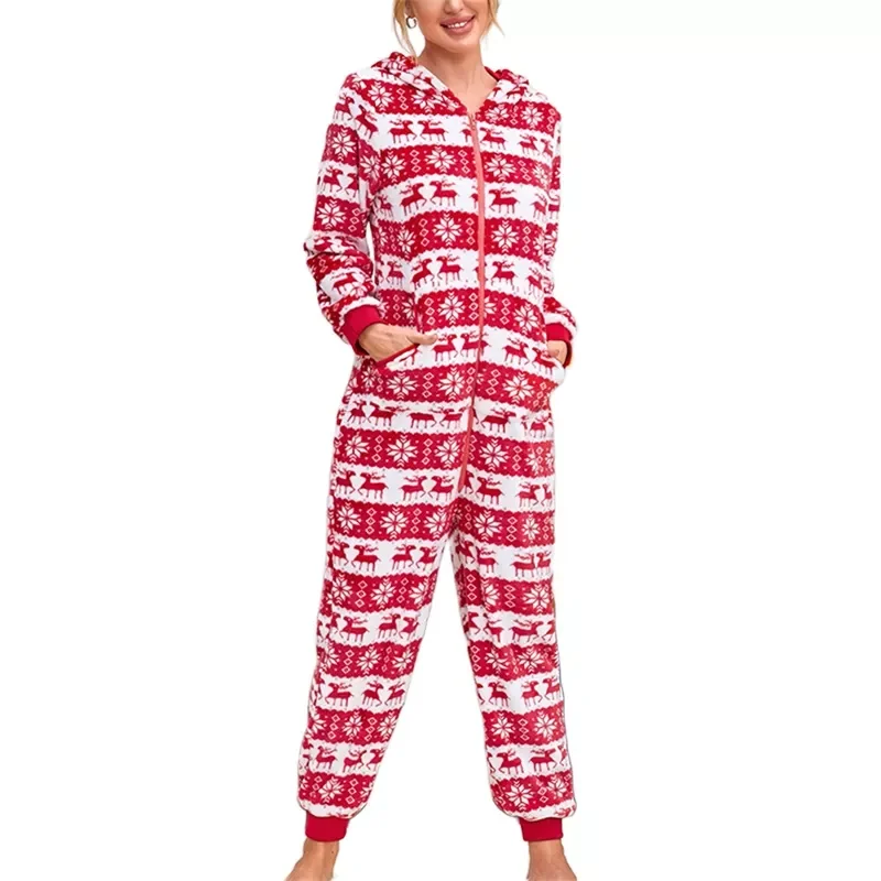 

Sexy Women Christmas Pajama New Year Jumpsuit Zip Up V NeckXmas Print Rompers Loungewear