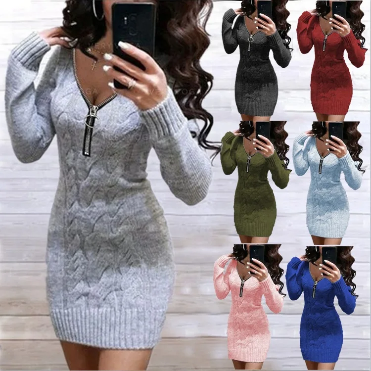 

2023 New Women's Sweater Knitwear Mid length Zipper V-neck Coat Dress
