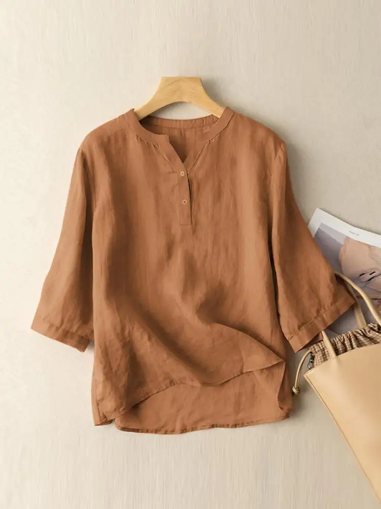 

ZANZEA Women Summer V-Neck Blouse Short Sleeve Solid Color Button Shirt Femme Fashion Casual Oversized Elegant Holiday Tops 2022