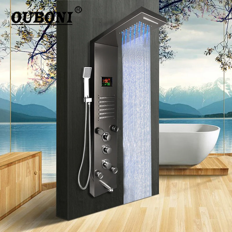 Brushed Dark Grey Digital Display Shower Panel Column Led Ra