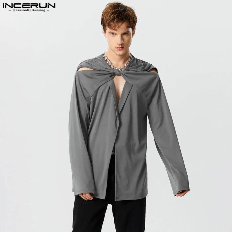 

Мужская Асимметричная рубашка, однотонная ажурная рубашка с V-образным вырезом и длинным рукавом, на одной пуговице, 2023