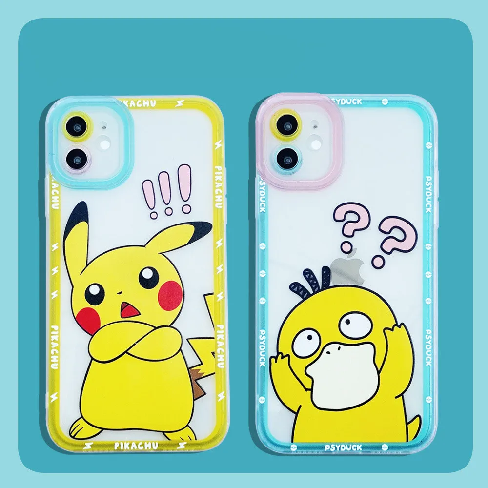 

Чехол для телефона Bandai с мультипликационным персонажем Psyduck Pikachu для iPhone 11 12 13 Pro Max 7 8P Xr Xs, цветная рамка, прозрачный чехол для мобильного теле...