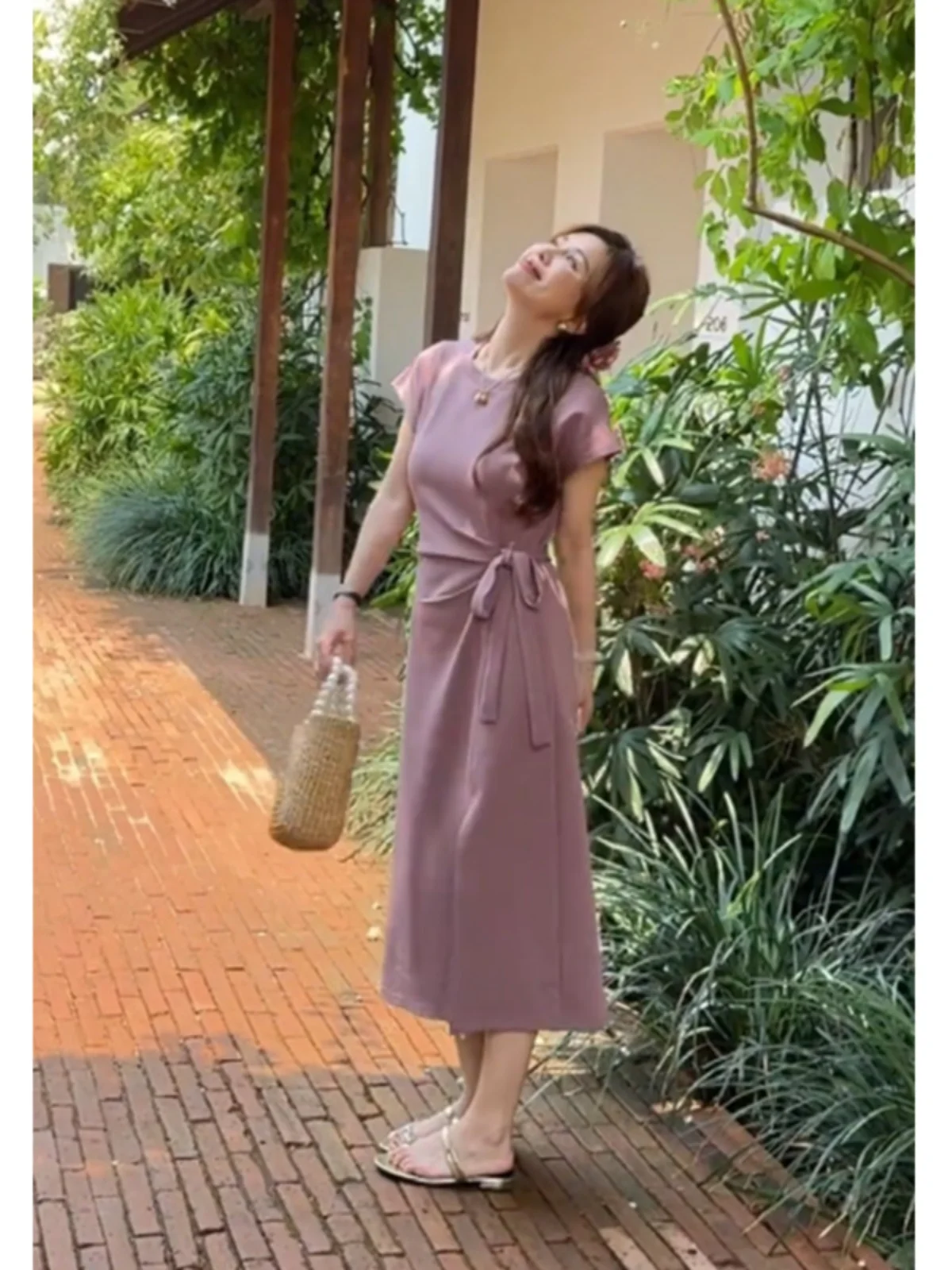 Summer Short Sleeve Dress Women's Waist-Controlled Lace-up Split Slimming Long Skirt 2025 New Arrival Elegant Fancy C... |